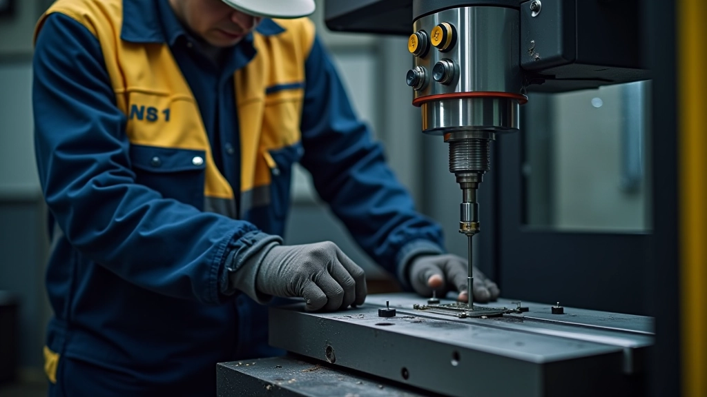 CNC machine setup with precision workholding and measurement tools positioned on machine bed