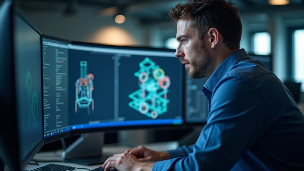 CAD engineer reviewing technical specifications on computer workstation with dual monitors