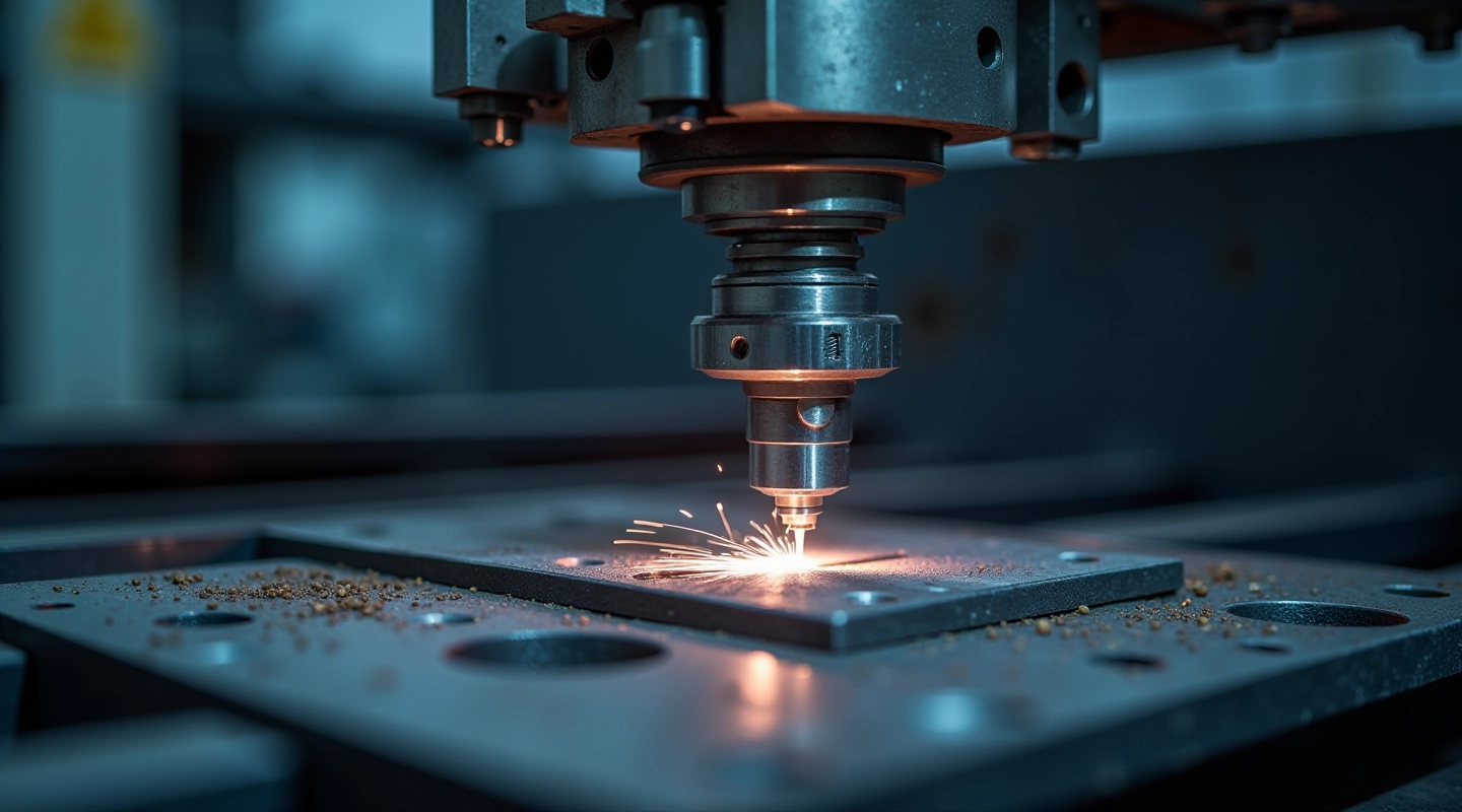 CNC metal cutting machine in operation with precision metalwork components