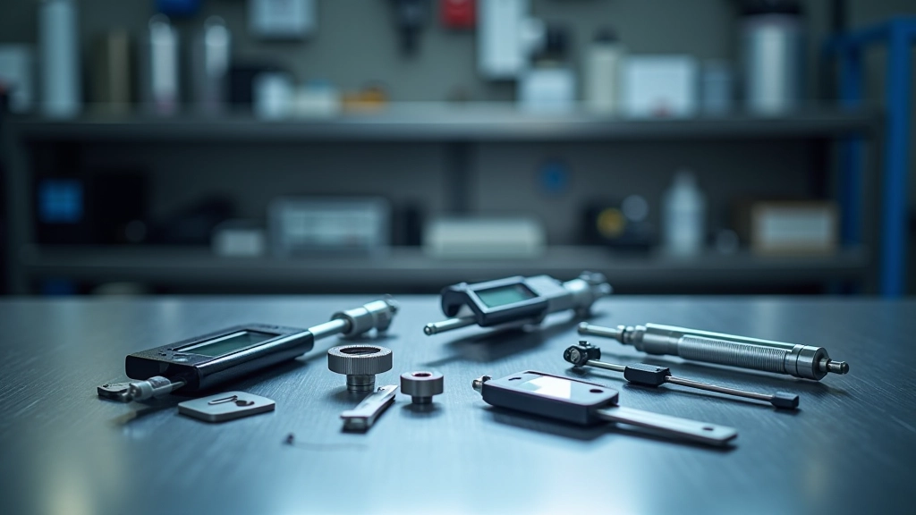 Array of precision measurement instruments including calipers, micrometers, hardness testers, and gauges arranged on clean laboratory bench