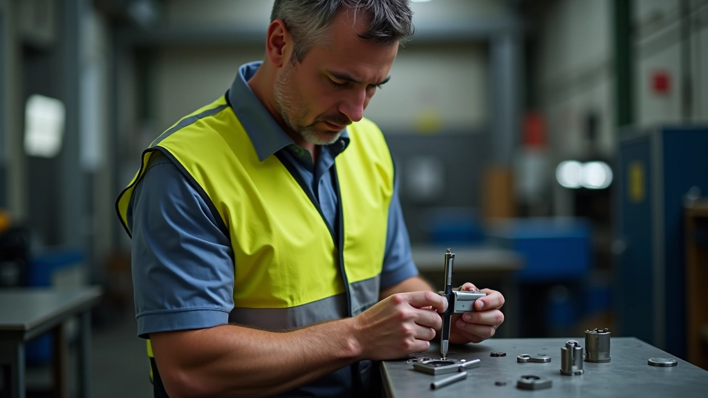 Quality control technician using precision measurement tools and calipers on finished metal parts