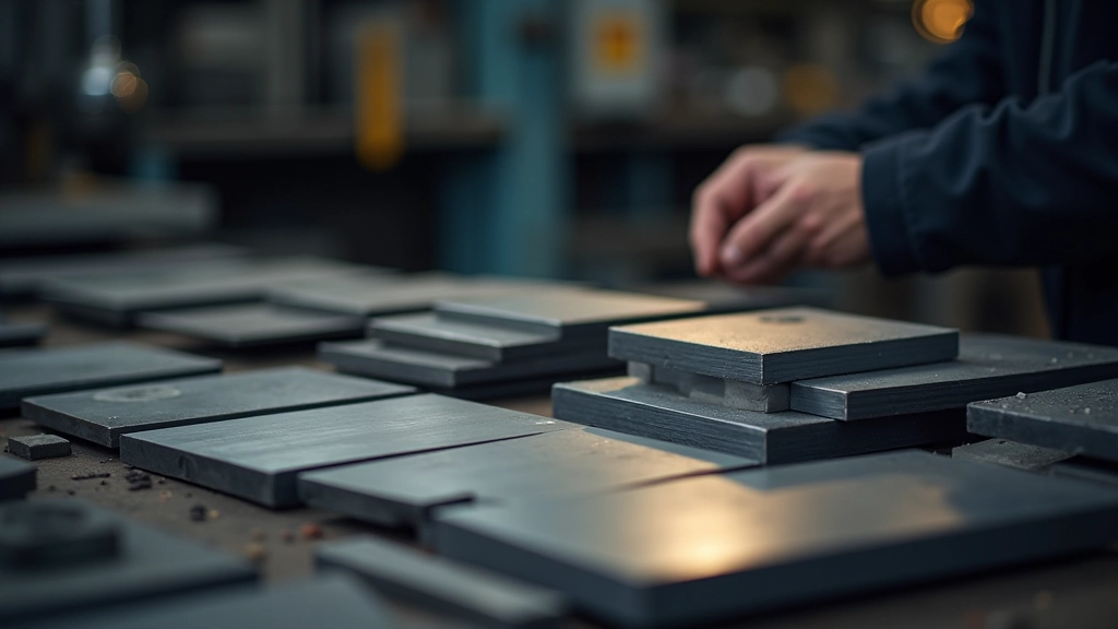 Steel material samples arranged showing different grades and finishes for metal fabrication