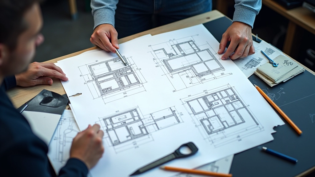 Design blueprint and technical drawings for custom metal parts on drafting table