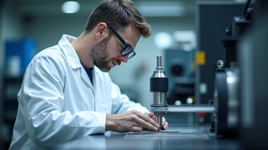 Technician using hardness tester on steel sample in precision lab environment with measurement equipment